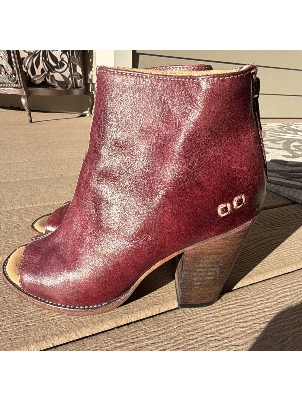 Bed Stu Womens Burgundy Leather Open Toe Zip Ankle Bootie Handmade US 8.5